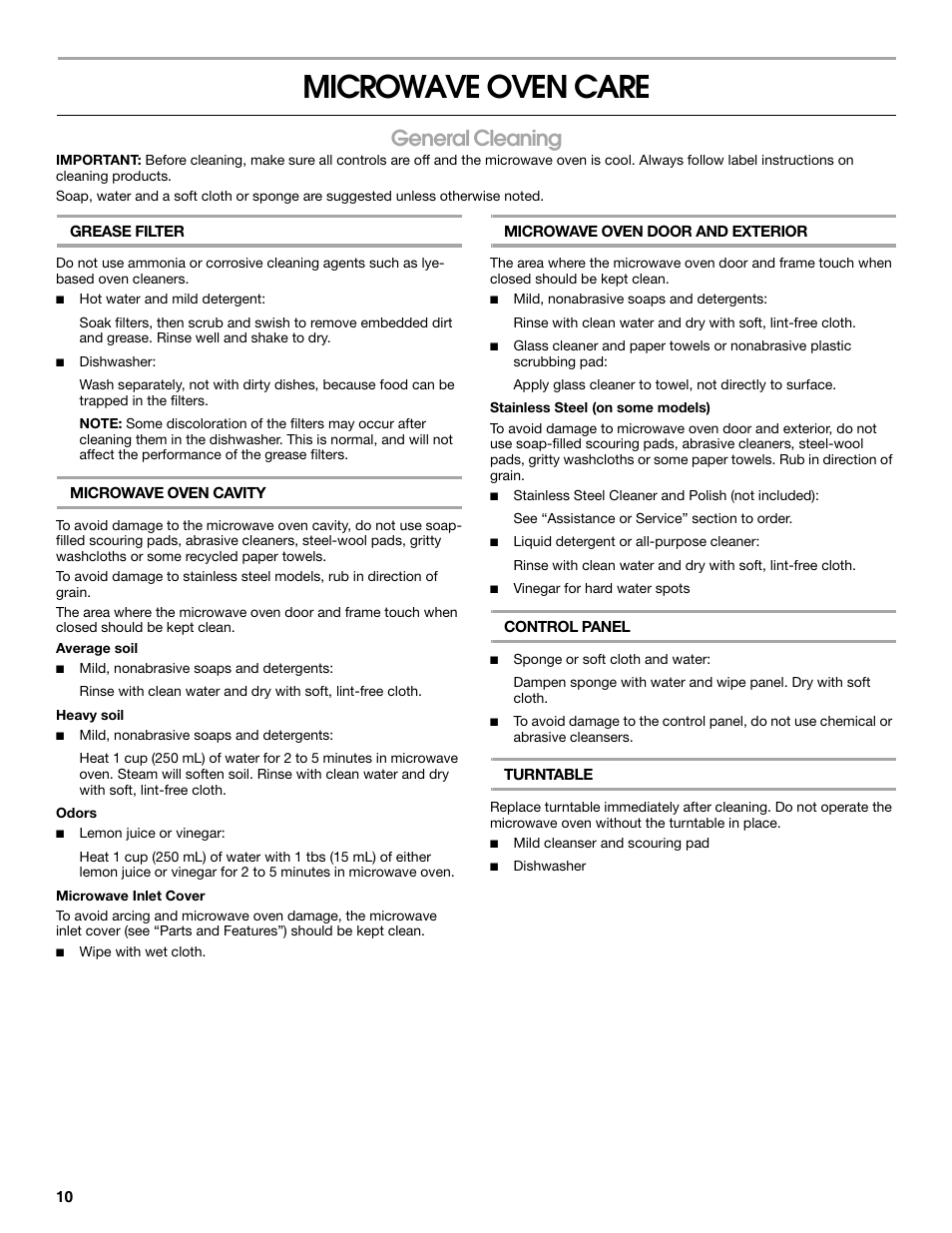 Microwave oven care, General cleaning | Whirlpool 24 Inch Over-the-Range Microwave Hood Combo Owner's Manual User Manual | Page 10 / 27