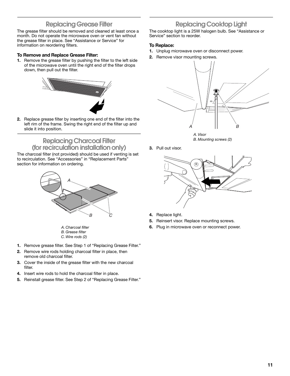 Replacing grease filter, Replacing cooktop light | Whirlpool 24 Inch Over-the-Range Microwave Hood Combo Owner's Manual User Manual | Page 11 / 27