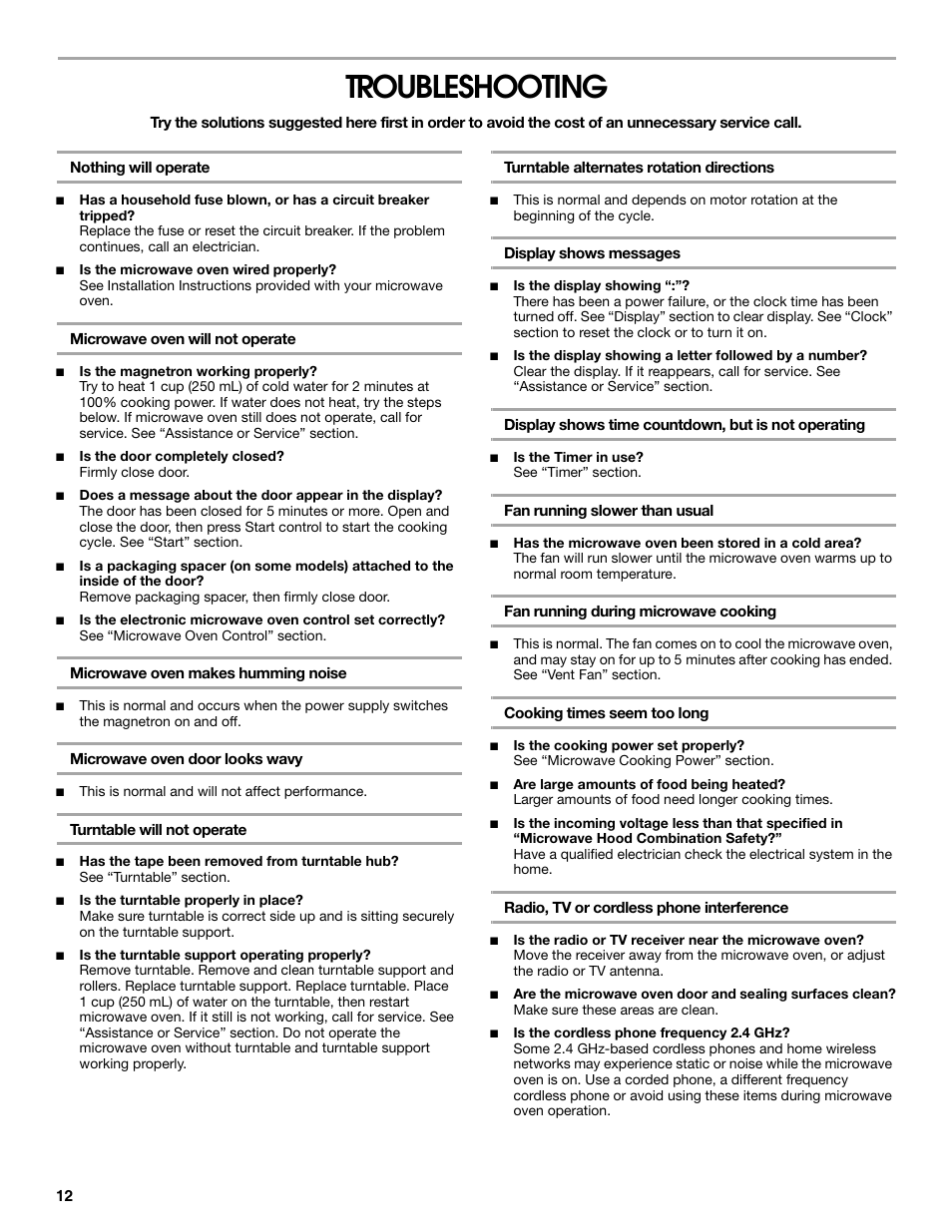 Troubleshooting | Whirlpool 24 Inch Over-the-Range Microwave Hood Combo Owner's Manual User Manual | Page 12 / 27