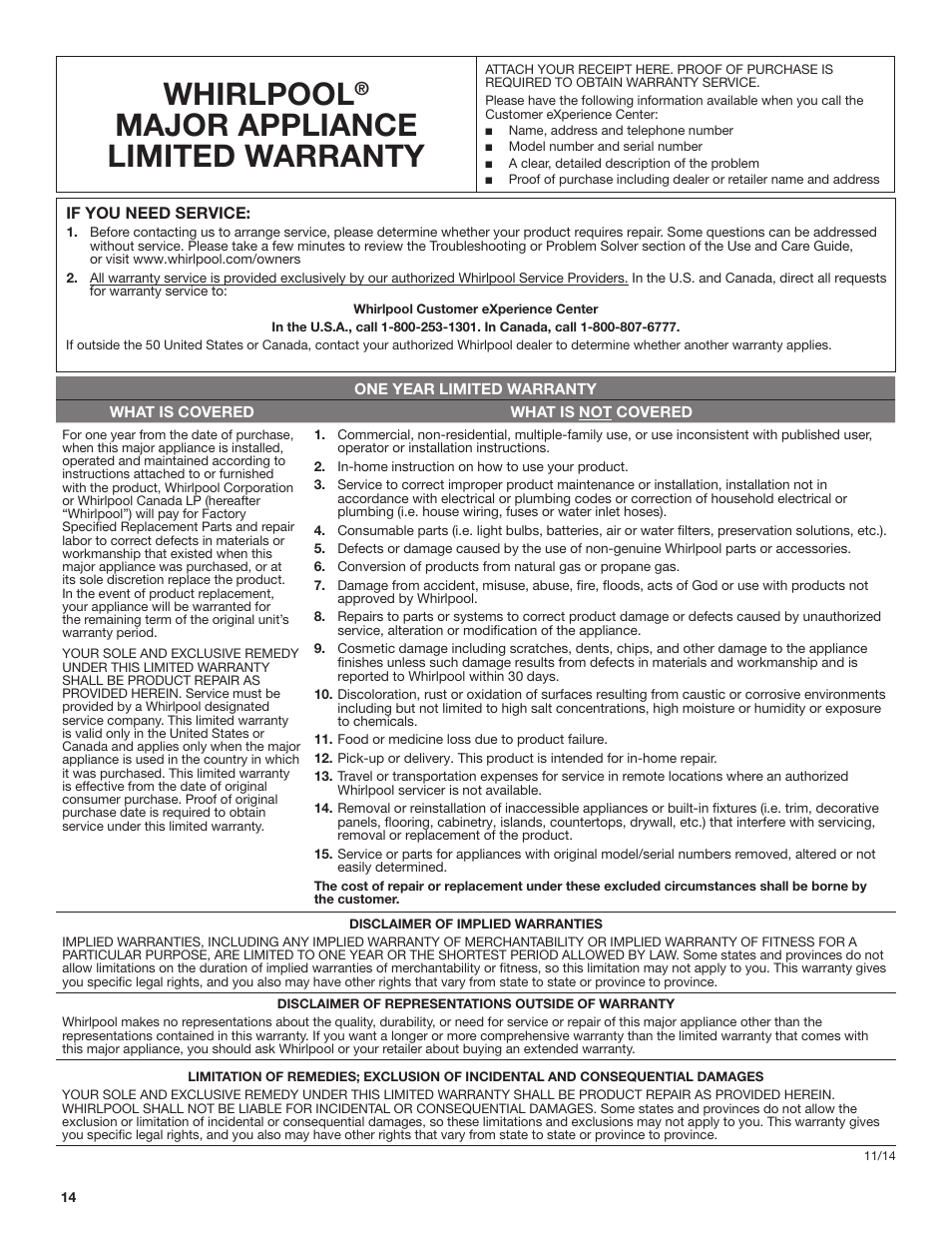 Whirlpool, Major appliance limited warranty | Whirlpool 24 Inch Over-the-Range Microwave Hood Combo Owner's Manual User Manual | Page 14 / 27