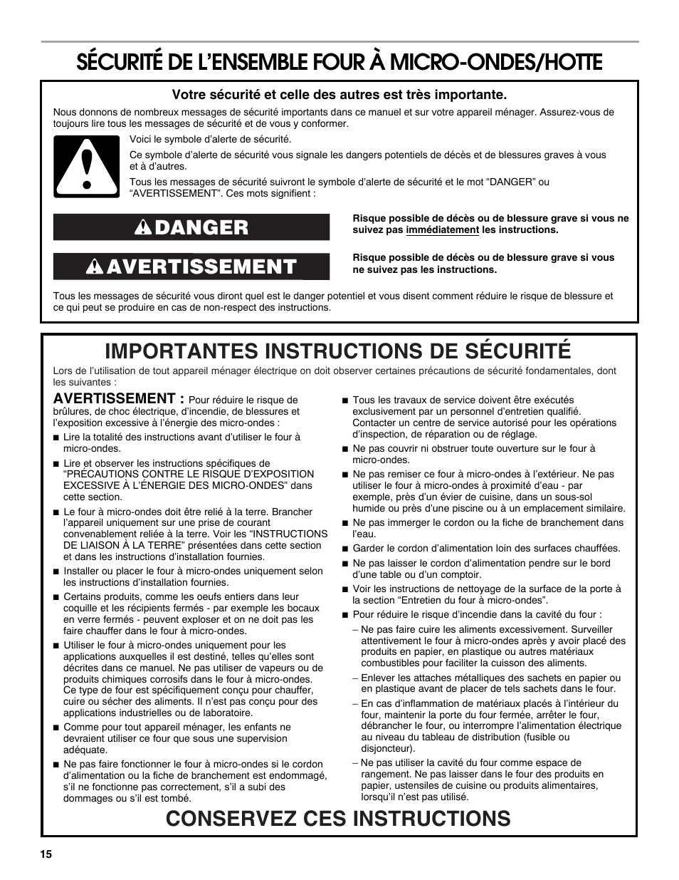 Sécurité de l’ensemble four à micro-ondes/hotte, Avertissement danger, Avertissement | Whirlpool 24 Inch Over-the-Range Microwave Hood Combo Owner's Manual User Manual | Page 15 / 27