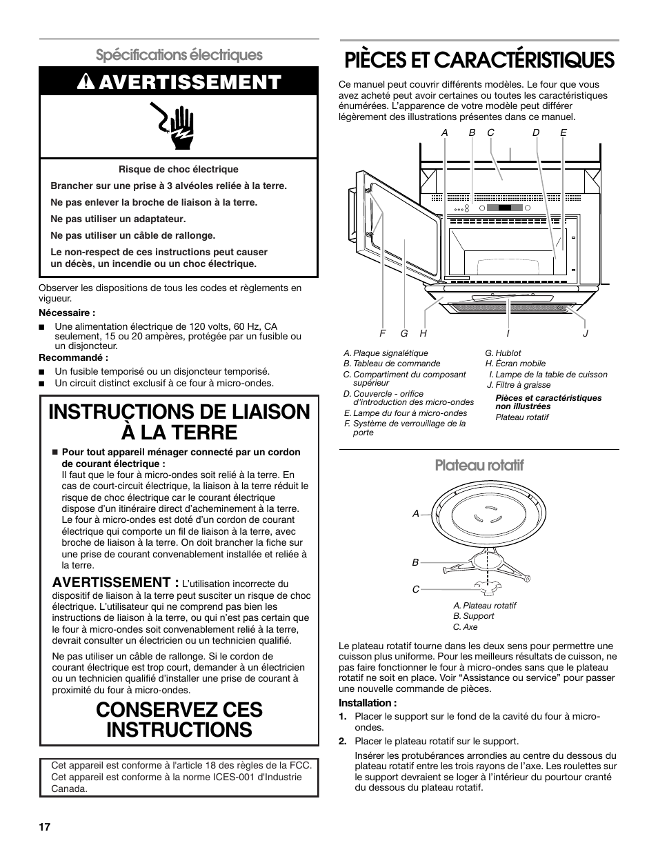 Spécifications électriques, Pièces et caractéristiques, Plateau rotatif | Avertissement | Whirlpool 24 Inch Over-the-Range Microwave Hood Combo Owner's Manual User Manual | Page 17 / 27