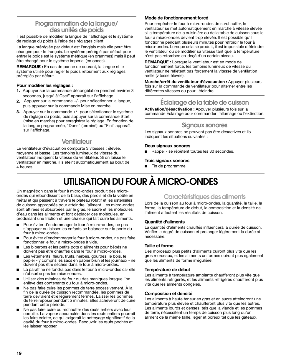 Programmation de la langue/ desunitésdepoids, Ventilateur, Éclairage de la table de cuisson | Signaux sonores, Utilisation du four à micro-ondes, Caractéristiques des aliments, Programmation de la langue/ des unités de poids | Whirlpool 24 Inch Over-the-Range Microwave Hood Combo Owner's Manual User Manual | Page 19 / 27