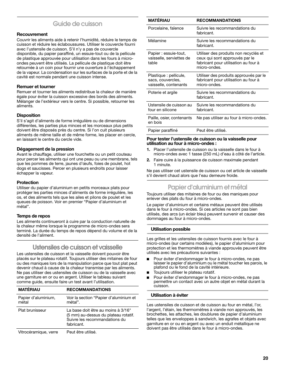 Guide de cuisson, Ustensiles de cuisson et vaisselle, Papier d’aluminium et métal | Whirlpool 24 Inch Over-the-Range Microwave Hood Combo Owner's Manual User Manual | Page 20 / 27