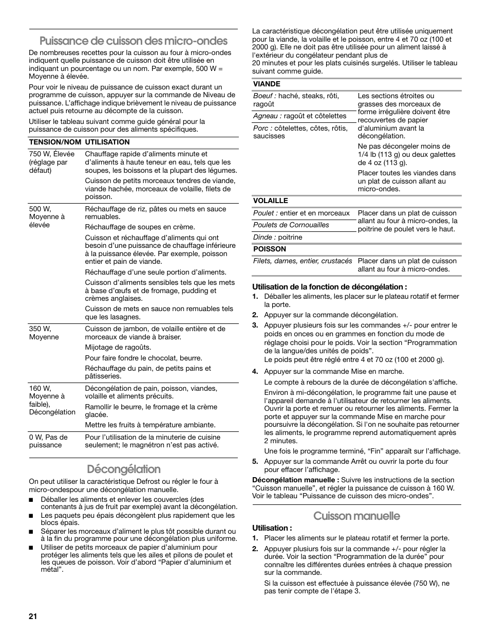 Puissance de cuisson des micro-ondes, Décongélation express, Cuisson manuelle | Décongélation | Whirlpool 24 Inch Over-the-Range Microwave Hood Combo Owner's Manual User Manual | Page 21 / 27