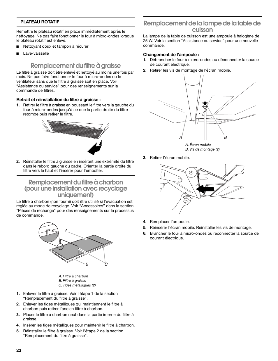 Remplacement du filtre à graisse, Remplacement de la lampe de la table de cuisson | Whirlpool 24 Inch Over-the-Range Microwave Hood Combo Owner's Manual User Manual | Page 23 / 27