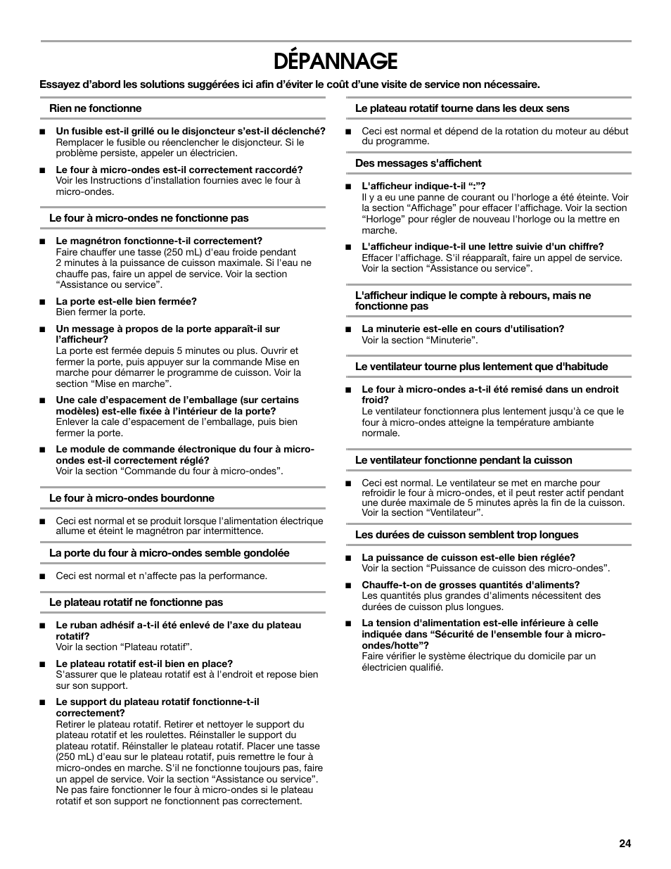 Dépannage | Whirlpool 24 Inch Over-the-Range Microwave Hood Combo Owner's Manual User Manual | Page 24 / 27