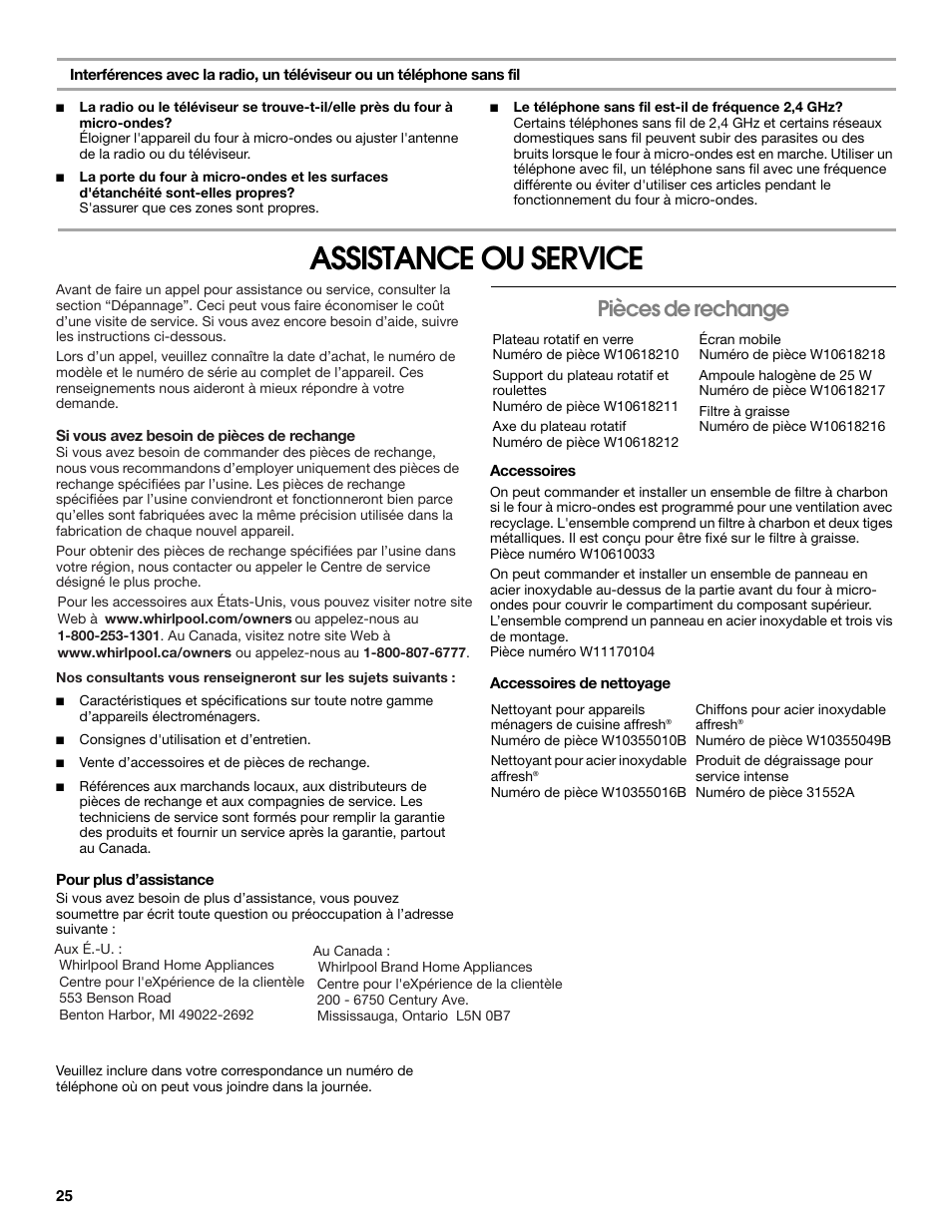Assistance ou service, Pièces de rechange | Whirlpool 24 Inch Over-the-Range Microwave Hood Combo Owner's Manual User Manual | Page 25 / 27
