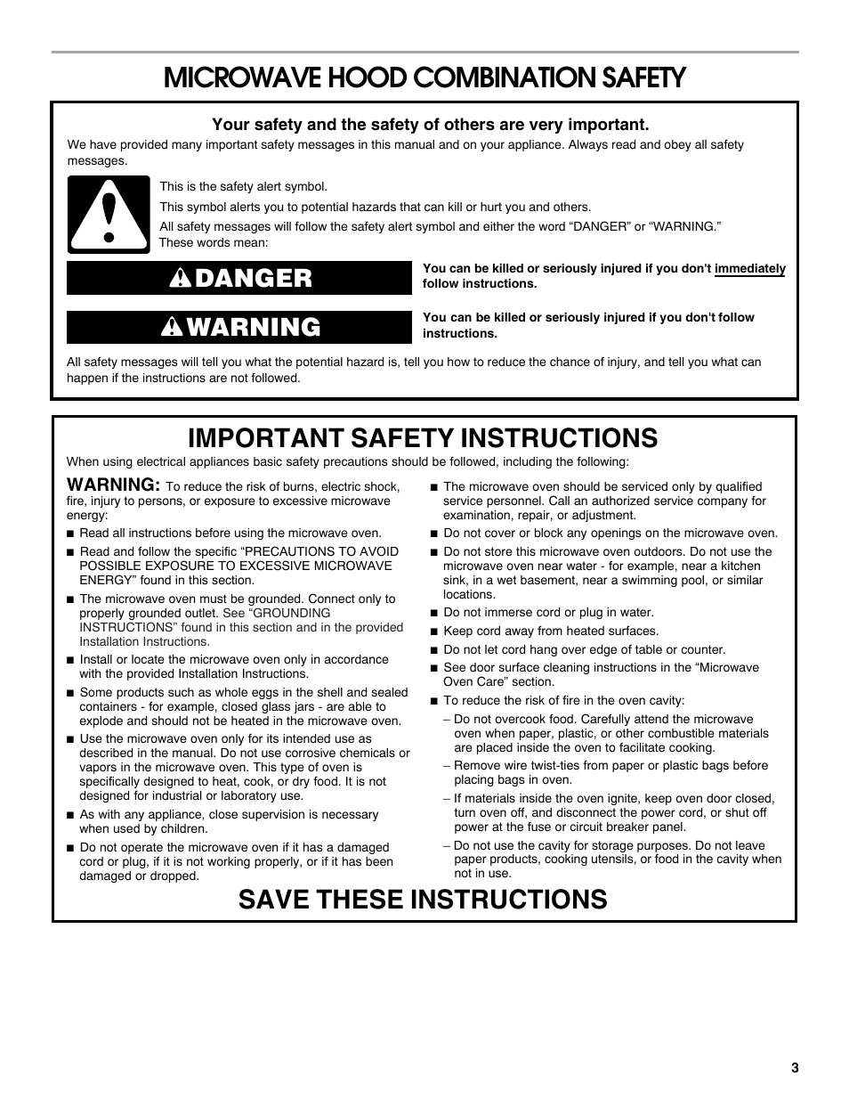 Microwave hood combination safety, Danger warning, Warning | Whirlpool 24 Inch Over-the-Range Microwave Hood Combo Owner's Manual User Manual | Page 3 / 27