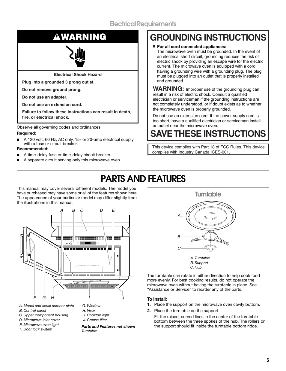 Electrical requirements, Parts and features, Turntable | Grounding instructions save these instructions, Warning | Whirlpool 24 Inch Over-the-Range Microwave Hood Combo Owner's Manual User Manual | Page 5 / 27