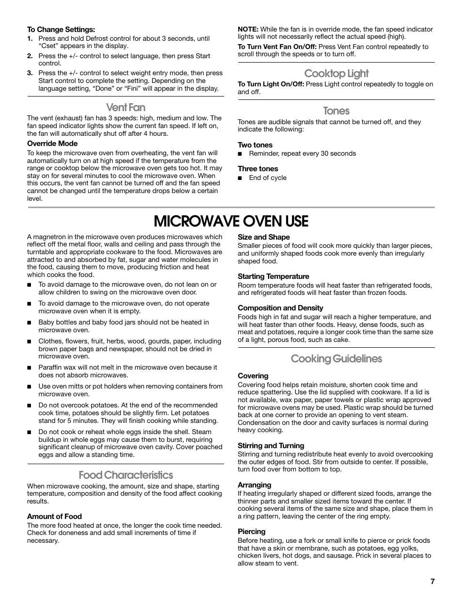 Vent fan, Cooktop light, Tones | Microwave oven use, Food characteristics, Cooking guidelines | Whirlpool 24 Inch Over-the-Range Microwave Hood Combo Owner's Manual User Manual | Page 7 / 27