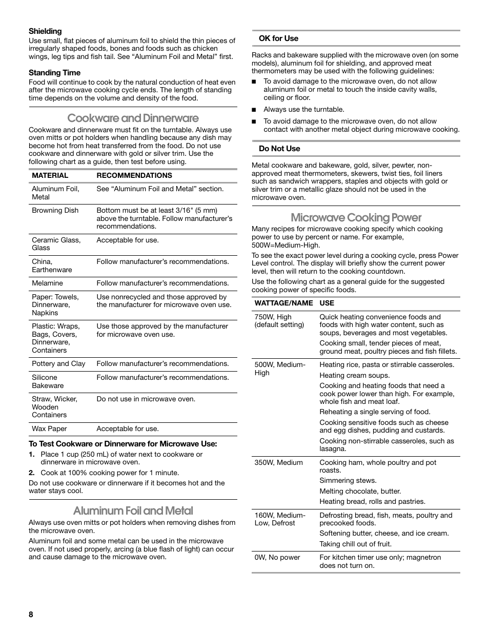 Cookware and dinnerware, Aluminum foil and metal, Microwave cooking power | Whirlpool 24 Inch Over-the-Range Microwave Hood Combo Owner's Manual User Manual | Page 8 / 27