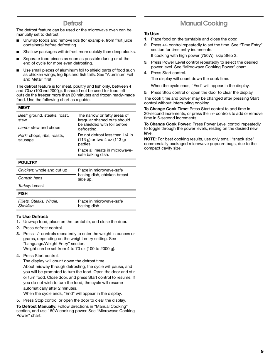Jet defrost, Manual cooking, Defrost | Whirlpool 24 Inch Over-the-Range Microwave Hood Combo Owner's Manual User Manual | Page 9 / 27