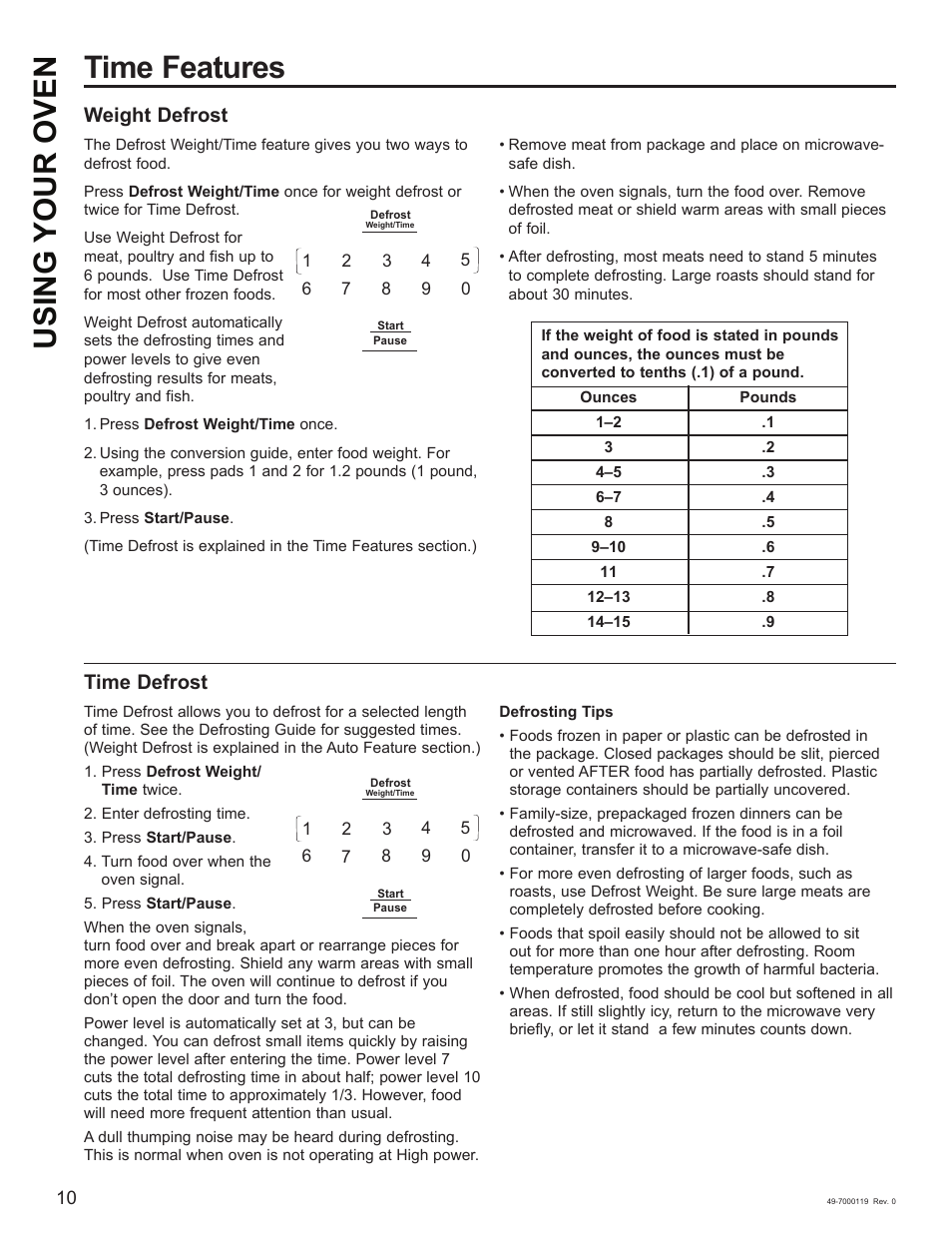 Time features using your oven, Weight defrost, Time defrost | Cafe 30 Inch Over-the-Range Microwave Oven Owner's Manual User Manual | Page 11 / 49