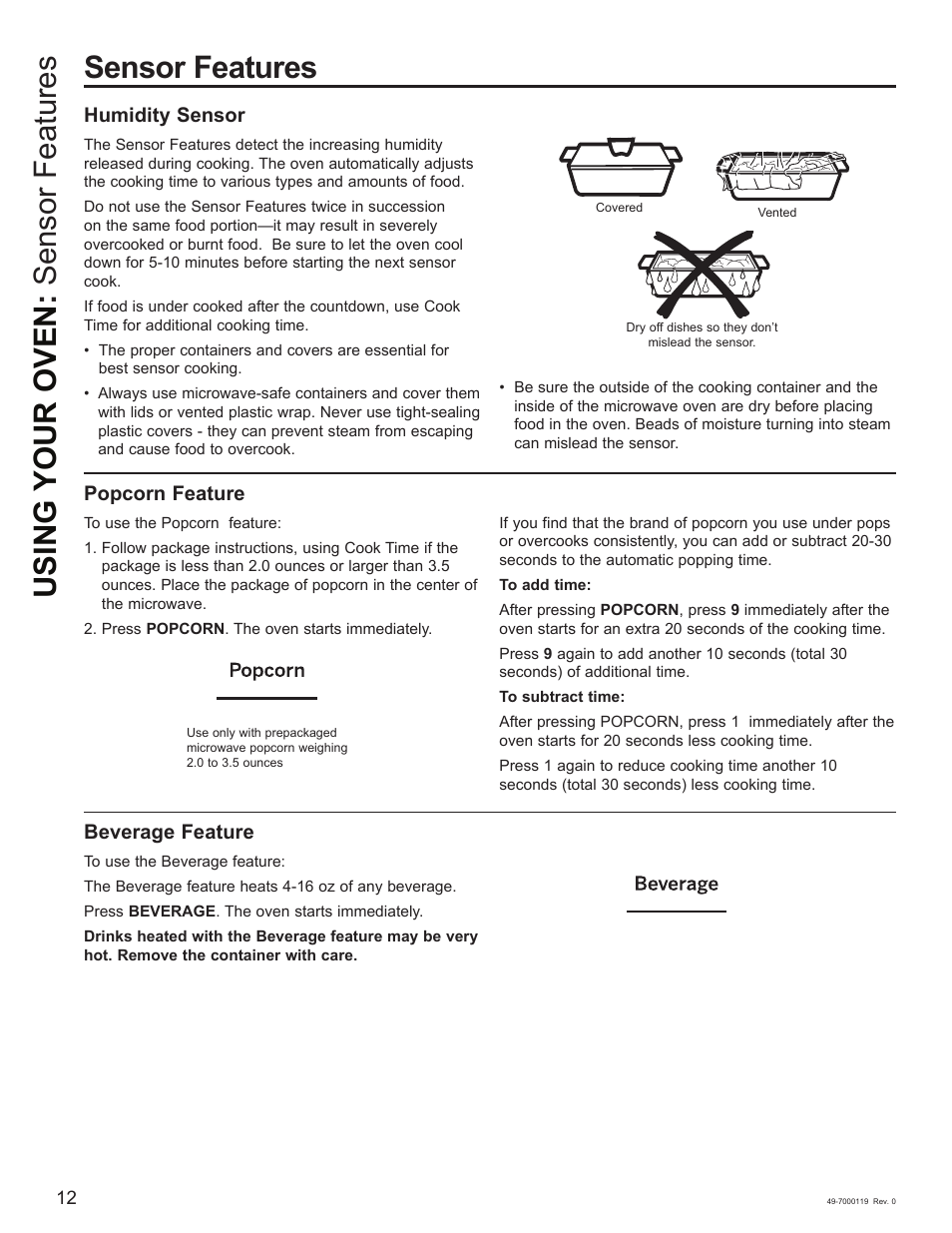 Sensor features using your oven : sensor features | Cafe 30 Inch Over-the-Range Microwave Oven Owner's Manual User Manual | Page 13 / 49