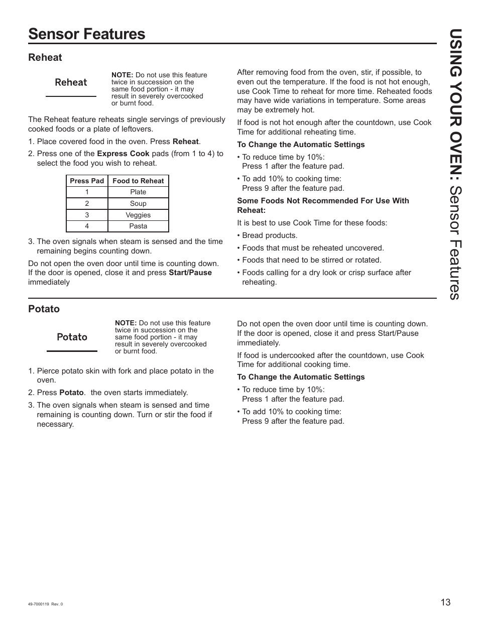 Sensor features using your oven: sensor features, Reheat, Potato | Cafe 30 Inch Over-the-Range Microwave Oven Owner's Manual User Manual | Page 14 / 49