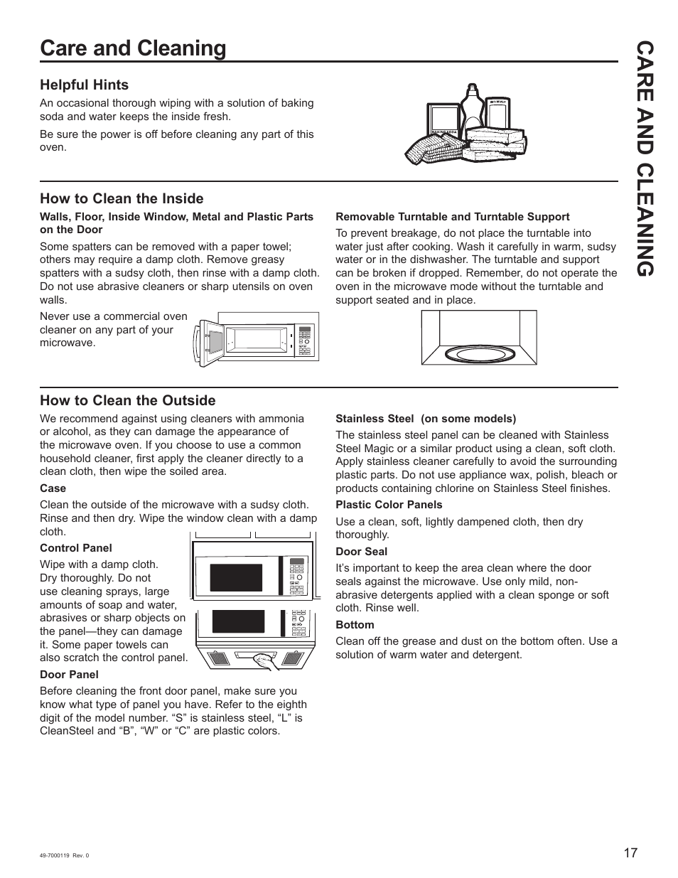 Care and cleaning, Helpful hints, How to clean the inside | How to clean the outside | Cafe 30 Inch Over-the-Range Microwave Oven Owner's Manual User Manual | Page 18 / 49