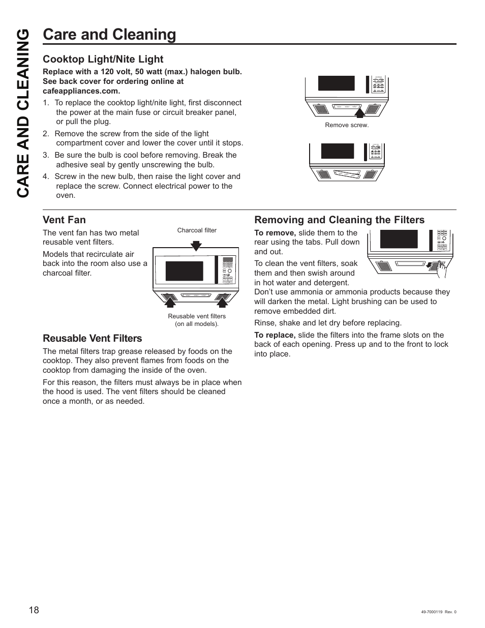 Care and cleaning, Cooktop light/nite light, Vent fan | Reusable vent filters, Removing and cleaning the filters, Remove screw | Cafe 30 Inch Over-the-Range Microwave Oven Owner's Manual User Manual | Page 19 / 49