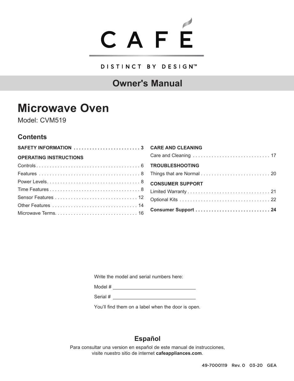 7000119_lores, Microwave oven, Owner's manual | Model: cvm519 contents, Español | Cafe 30 Inch Over-the-Range Microwave Oven Owner's Manual User Manual | Page 2 / 49