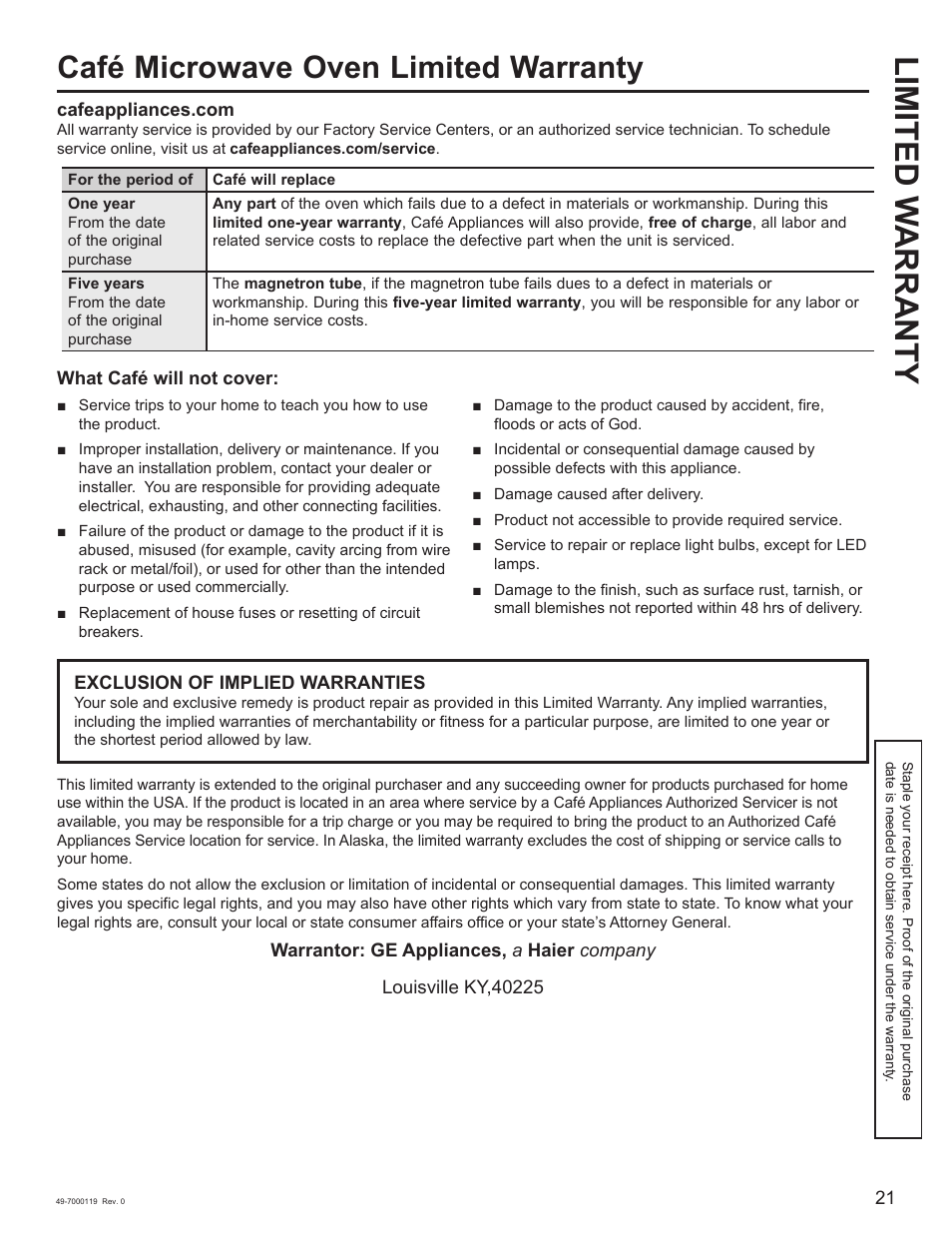 Limited w arranty, Café microwave oven limited warranty | Cafe 30 Inch Over-the-Range Microwave Oven Owner's Manual User Manual | Page 22 / 49