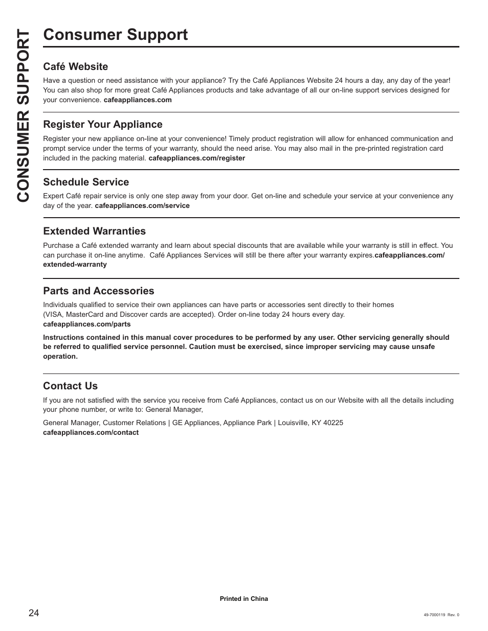 Consumer support consumer support, Contact us, Café website | Register your appliance, Schedule service, Extended warranties, Parts and accessories | Cafe 30 Inch Over-the-Range Microwave Oven Owner's Manual User Manual | Page 25 / 49