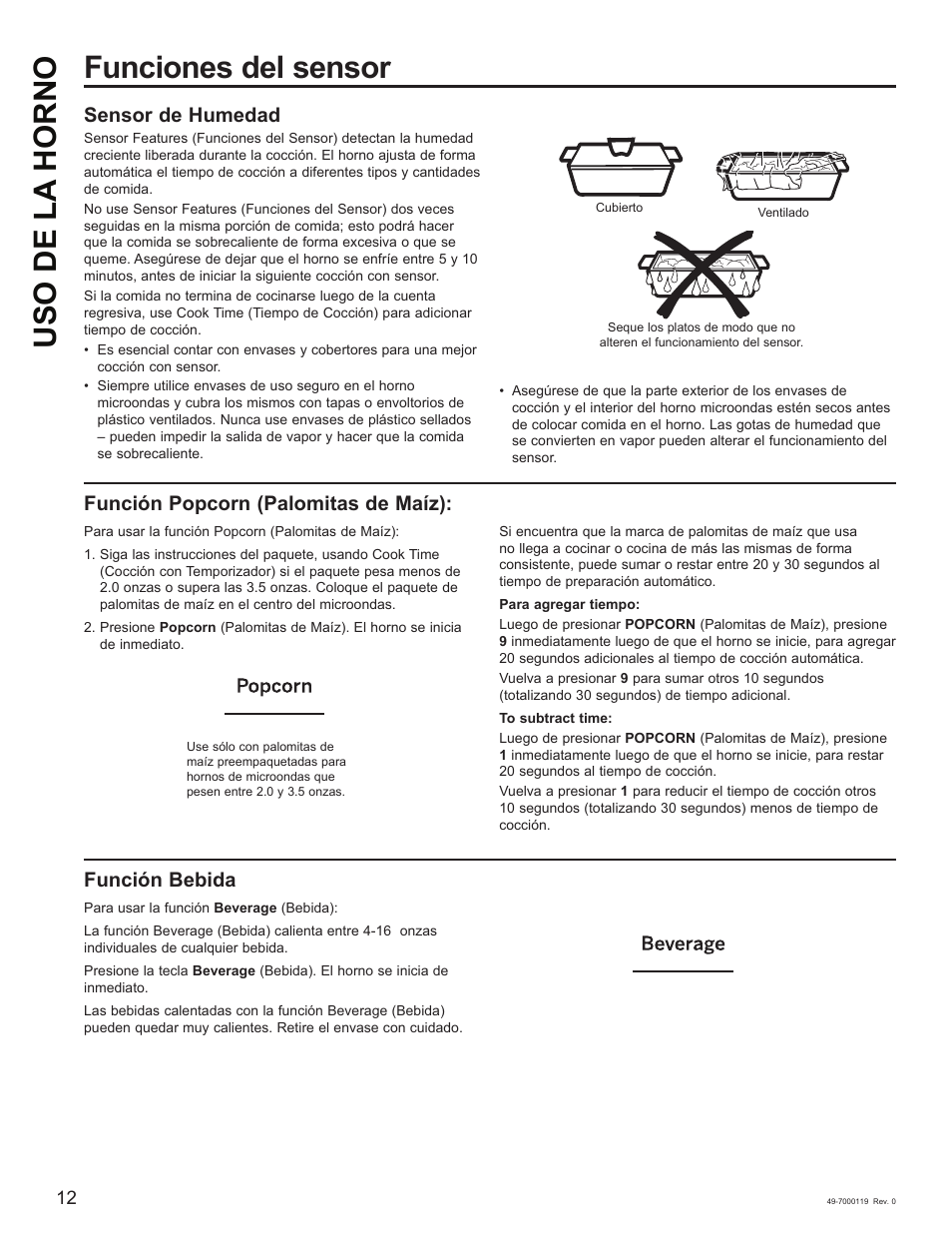 Funciones del sensor uso de la horno, Sensor de humedad, Función popcorn (palomitas de maíz) | Función bebida | Cafe 30 Inch Over-the-Range Microwave Oven Owner's Manual User Manual | Page 37 / 49