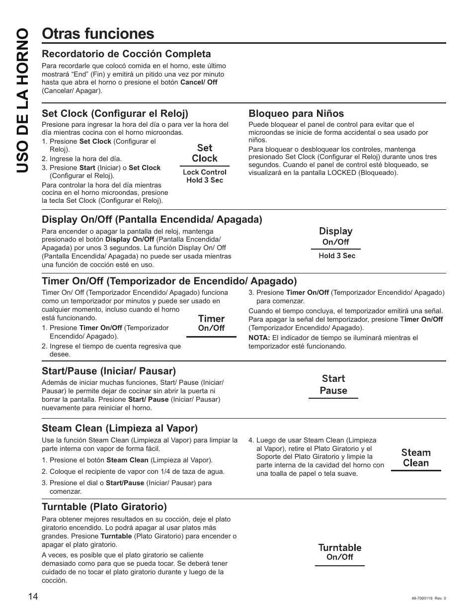 Otras funciones uso de la horno, Recordatorio de cocción completa, Set clock (configurar el reloj) | Bloqueo para niños, Display on/off (pantalla encendida/ apagada), Start/pause (iniciar/ pausar), Turntable (plato giratorio), Timer on/off (temporizador de encendido/ apagado), Steam clean (limpieza al vapor) | Cafe 30 Inch Over-the-Range Microwave Oven Owner's Manual User Manual | Page 39 / 49