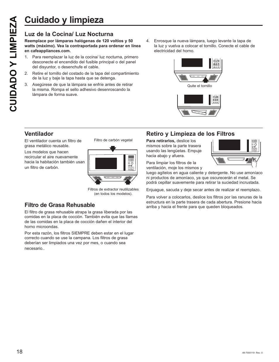 Cuidado y limpieza, Luz de la cocina/ luz nocturna, Ventilador | Filtro de grasa rehusable, Retiro y limpieza de los filtros, 4xlwhhowruqloor | Cafe 30 Inch Over-the-Range Microwave Oven Owner's Manual User Manual | Page 43 / 49