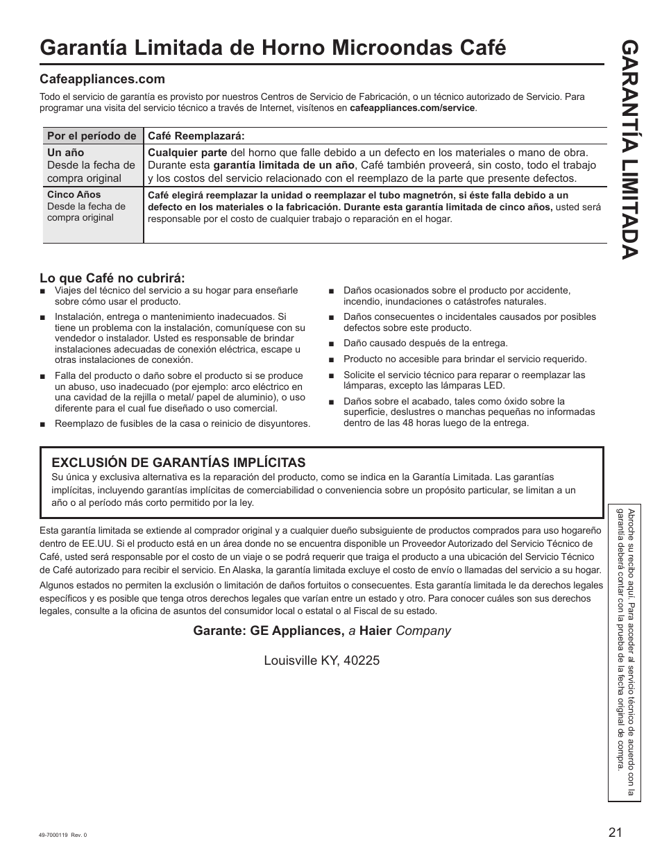 Garantía limit ada, Garantía limitada de horno microondas café | Cafe 30 Inch Over-the-Range Microwave Oven Owner's Manual User Manual | Page 46 / 49