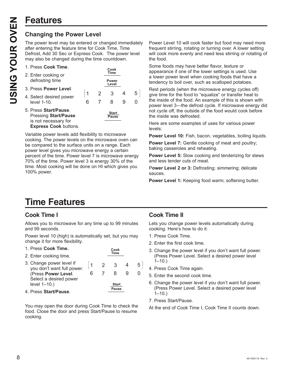 Features time features using your oven, Changing the power level, Cook time i | Cook time ii | Cafe 30 Inch Over-the-Range Microwave Oven Owner's Manual User Manual | Page 9 / 49