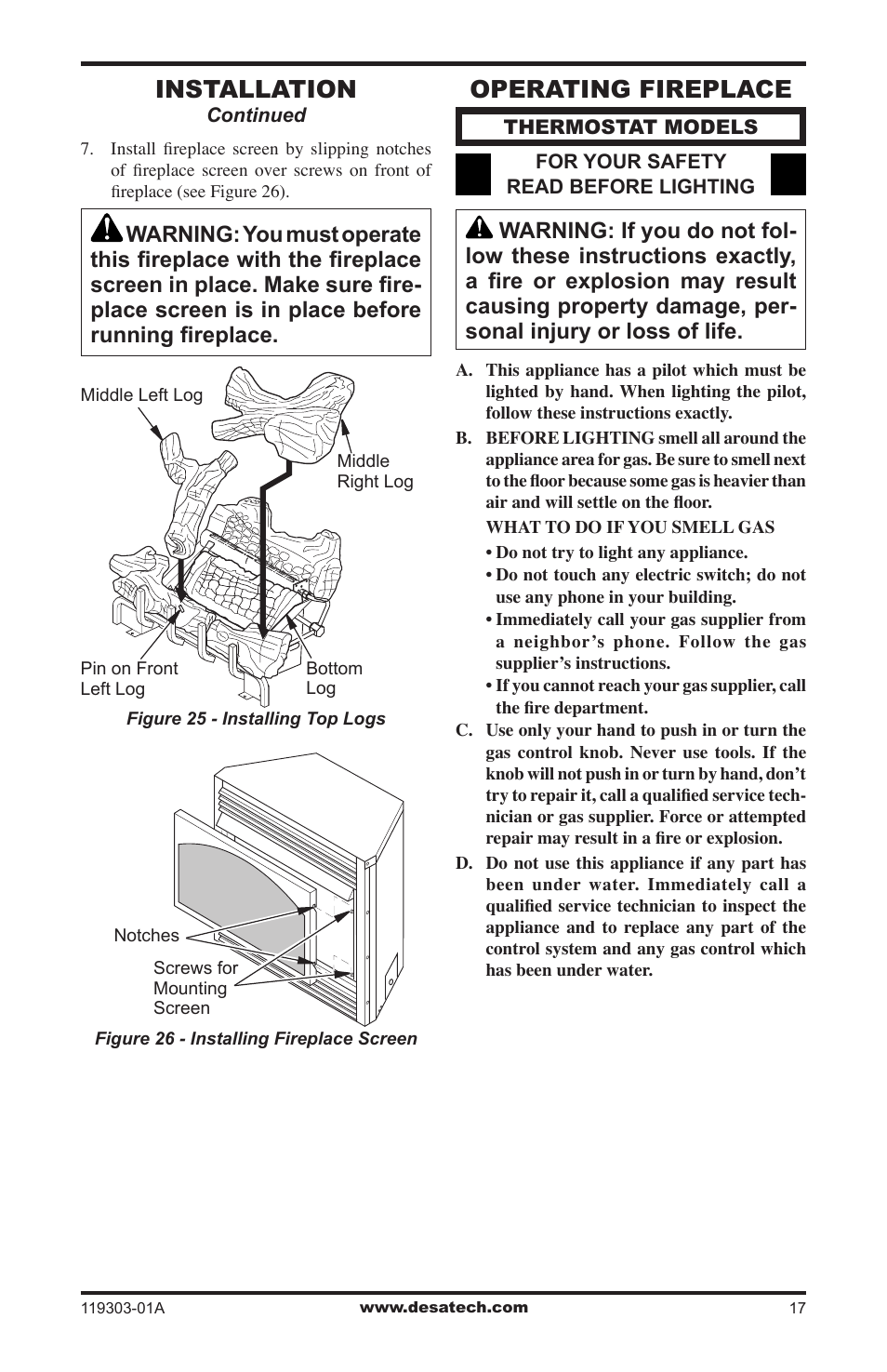 Operating fireplace, Installation | Desa VsGF28PTF User Manual | Page 17 / 32
