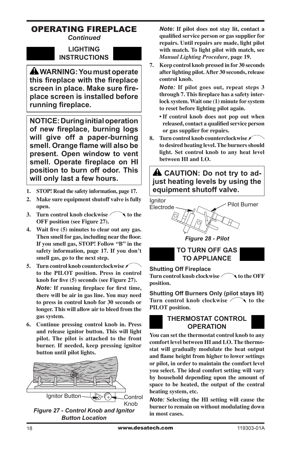 Operating fireplace | Desa VsGF28PTF User Manual | Page 18 / 32