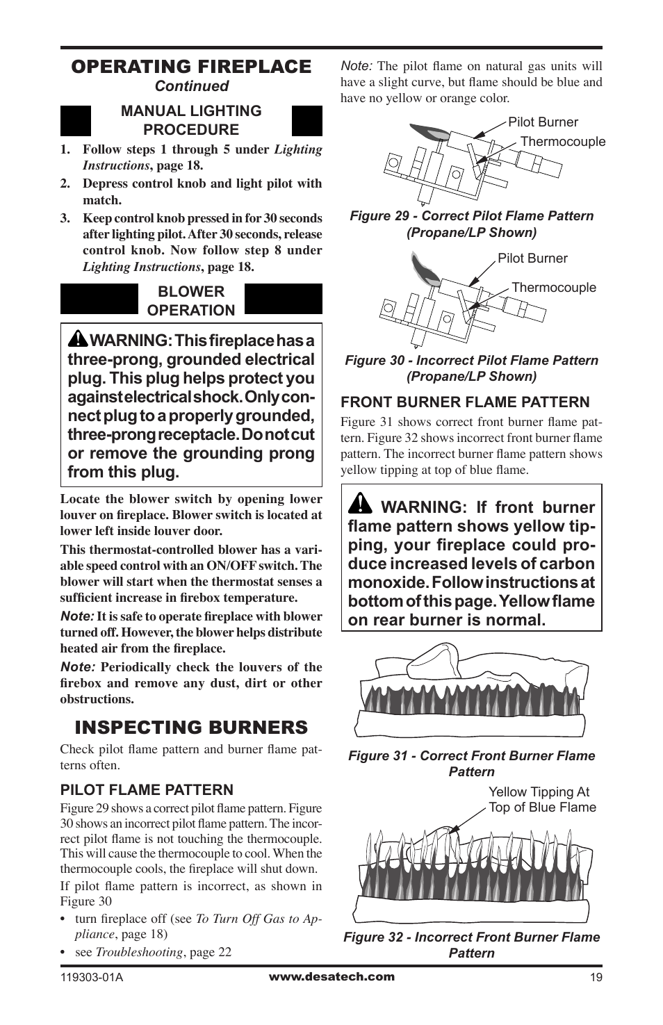 Inspecting burners, Operating fireplace | Desa VsGF28PTF User Manual | Page 19 / 32