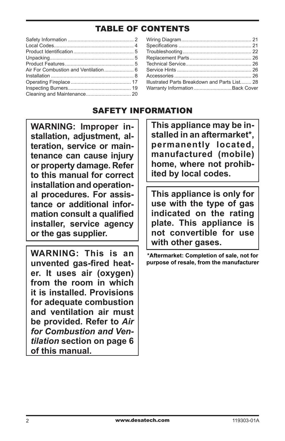 Safety information, Safety information table of contents | Desa VsGF28PTF User Manual | Page 2 / 32