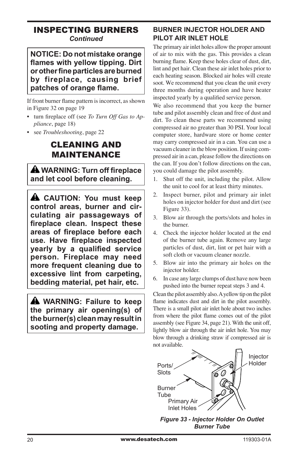 Cleaning and maintenance, Inspecting burners | Desa VsGF28PTF User Manual | Page 20 / 32
