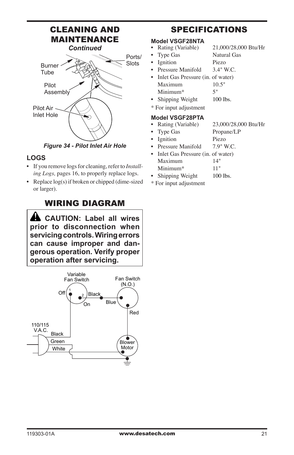 Wiring diagram, Specifications, Cleaning and maintenance | Desa VsGF28PTF User Manual | Page 21 / 32