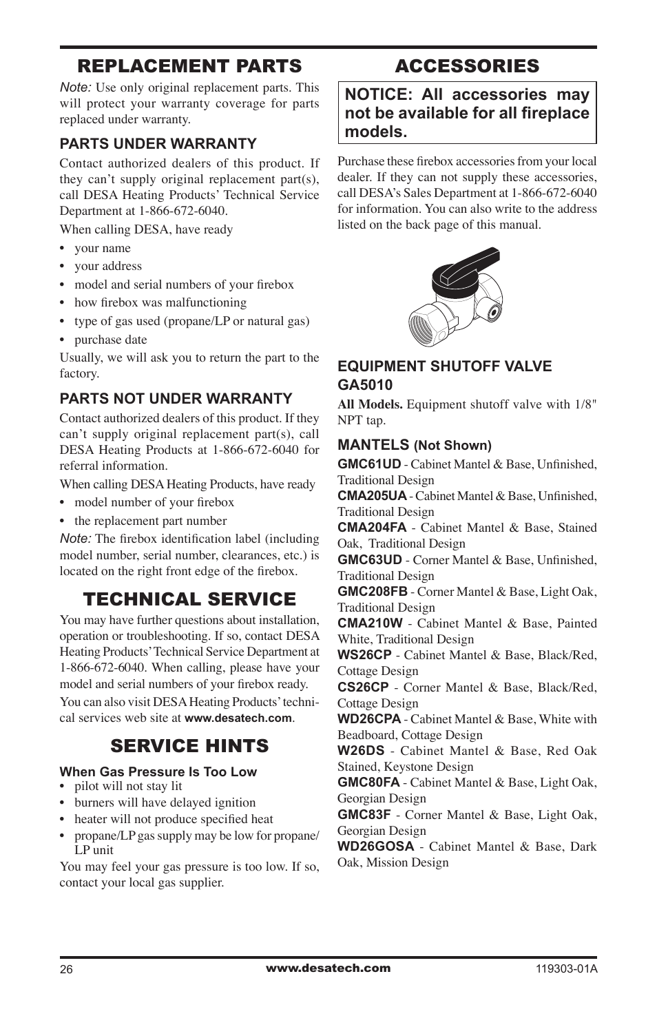 Replacement parts, Technical service, Service hints | Accessories | Desa VsGF28PTF User Manual | Page 26 / 32
