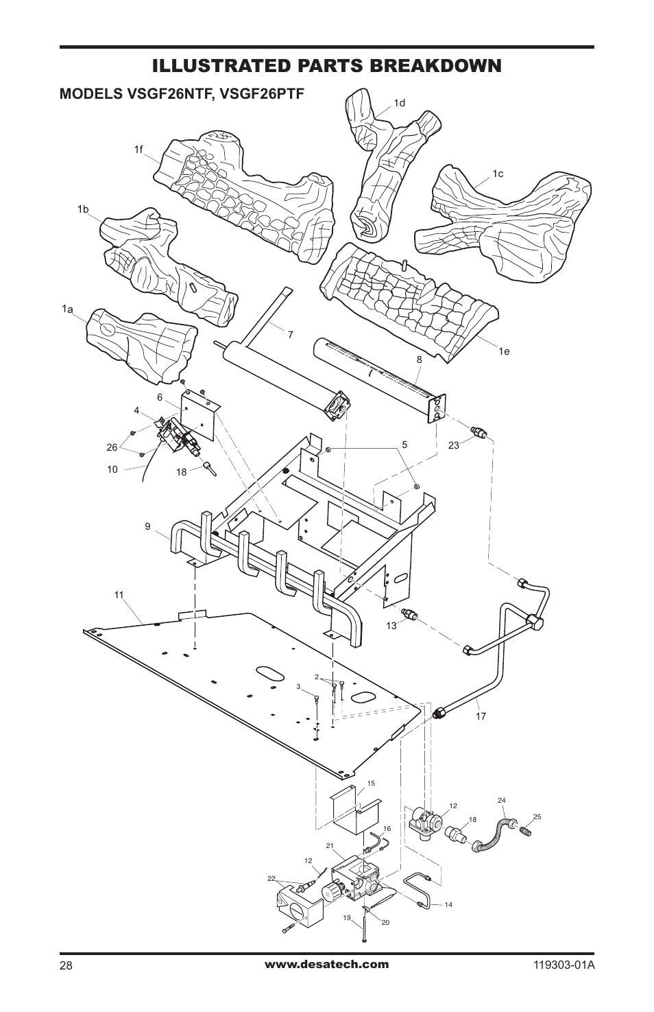 Illustrated parts breakdown and parts list, Illustrated parts breakdown, Models vsgf26ntf, vsgf26ptf | Desa VsGF28PTF User Manual | Page 28 / 32