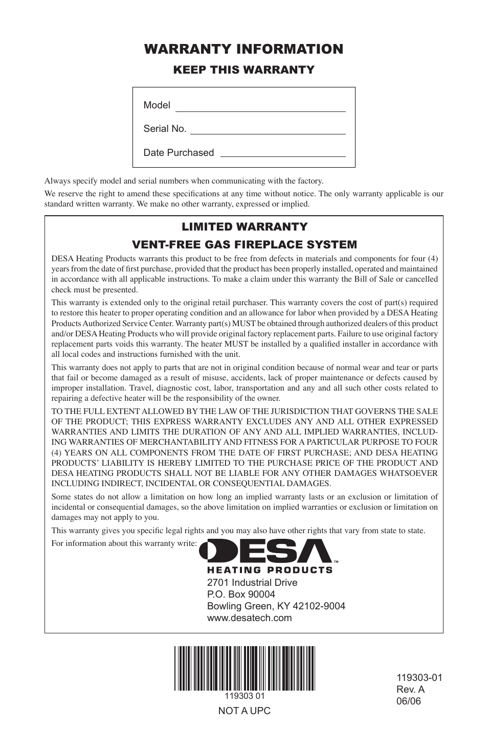 Warranty information, Limited warranty vent-free gas fireplace system, Keep this warranty | Desa VsGF28PTF User Manual | Page 32 / 32