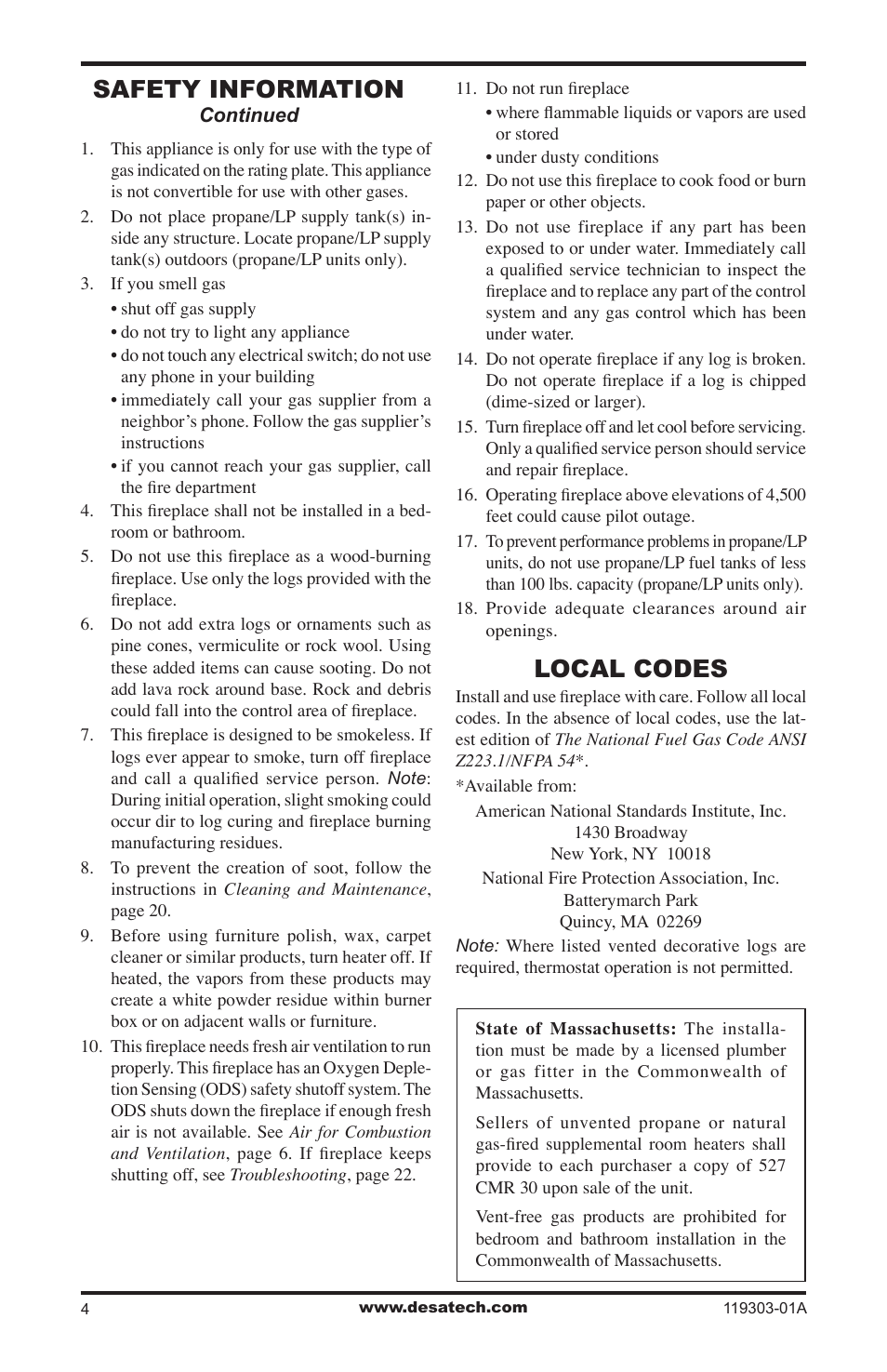 Local codes, Safety information | Desa VsGF28PTF User Manual | Page 4 / 32