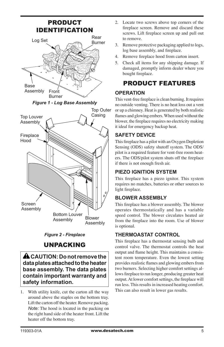 Product identification, Unpacking, Product features | Desa VsGF28PTF User Manual | Page 5 / 32