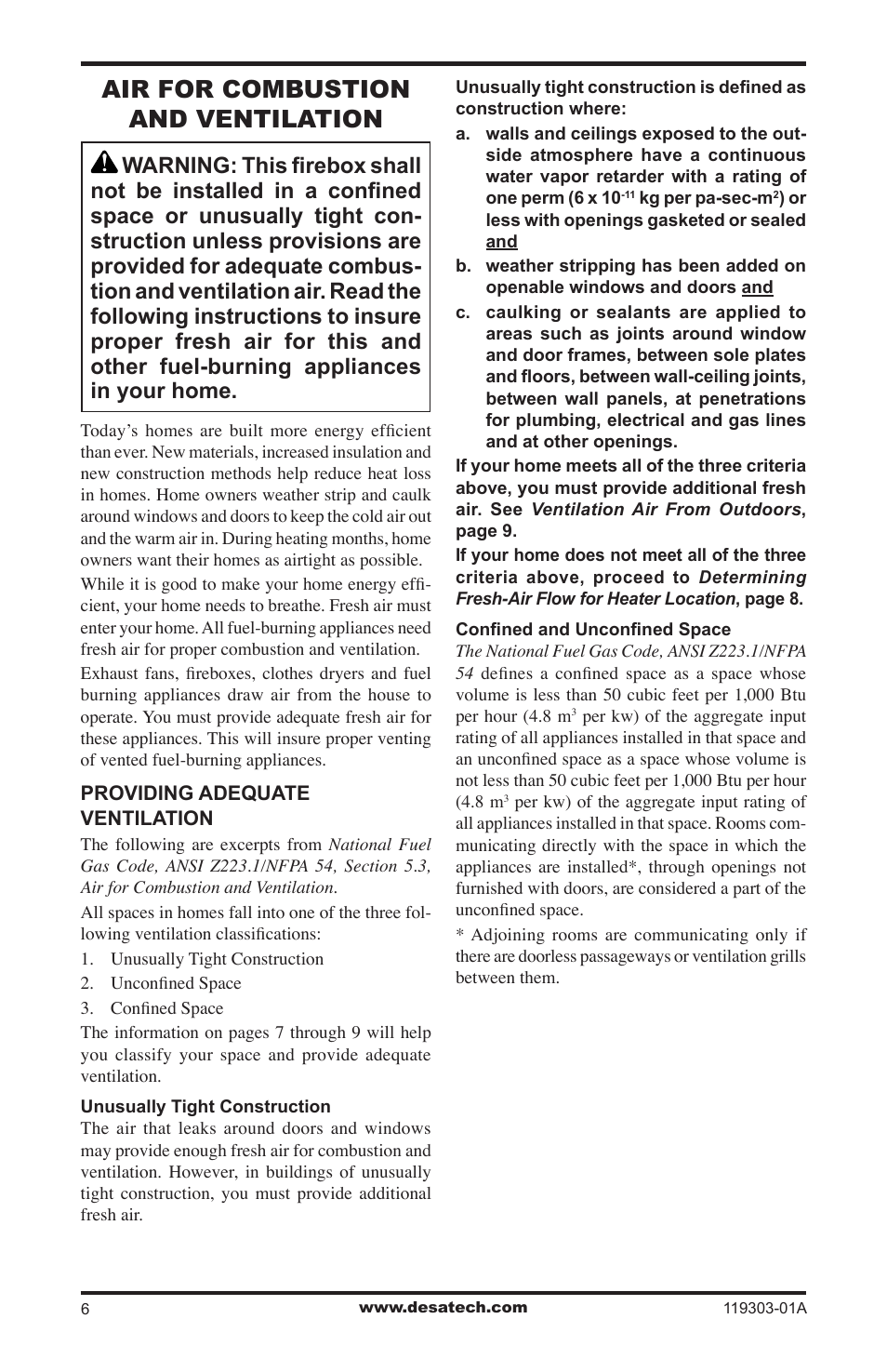 Air for combustion and ventilation | Desa VsGF28PTF User Manual | Page 6 / 32