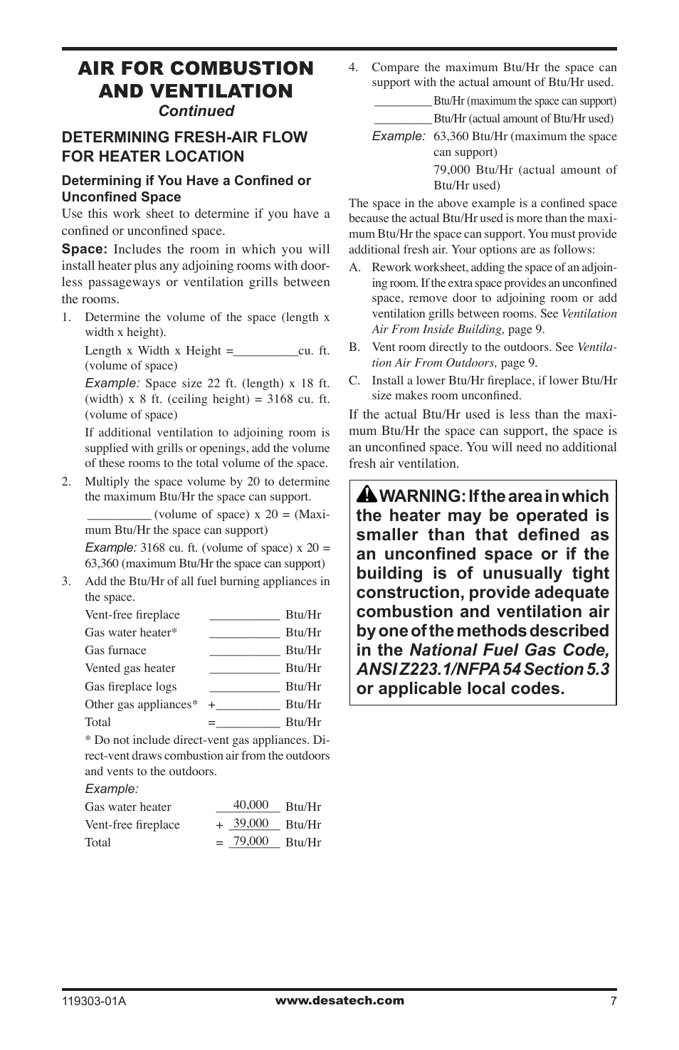 Air for combustion and ventilation | Desa VsGF28PTF User Manual | Page 7 / 32
