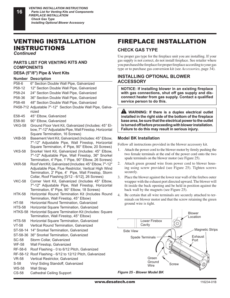 Fireplace installation, Venting installation instructions | Desa (V)TC36NE User Manual | Page 16 / 38