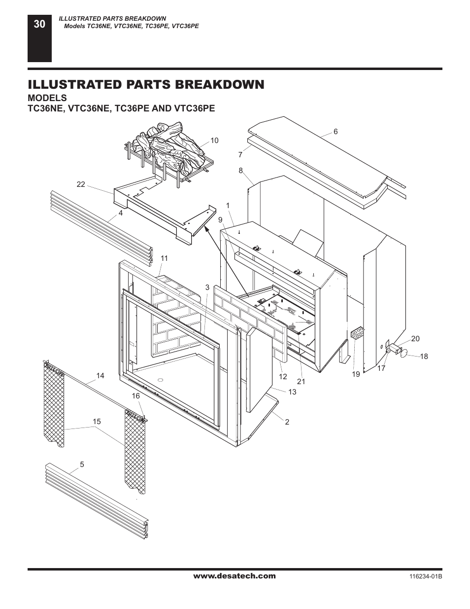 Illustrated parts breakdown and parts list, Illustrated parts breakdown | Desa (V)TC36NE User Manual | Page 30 / 38