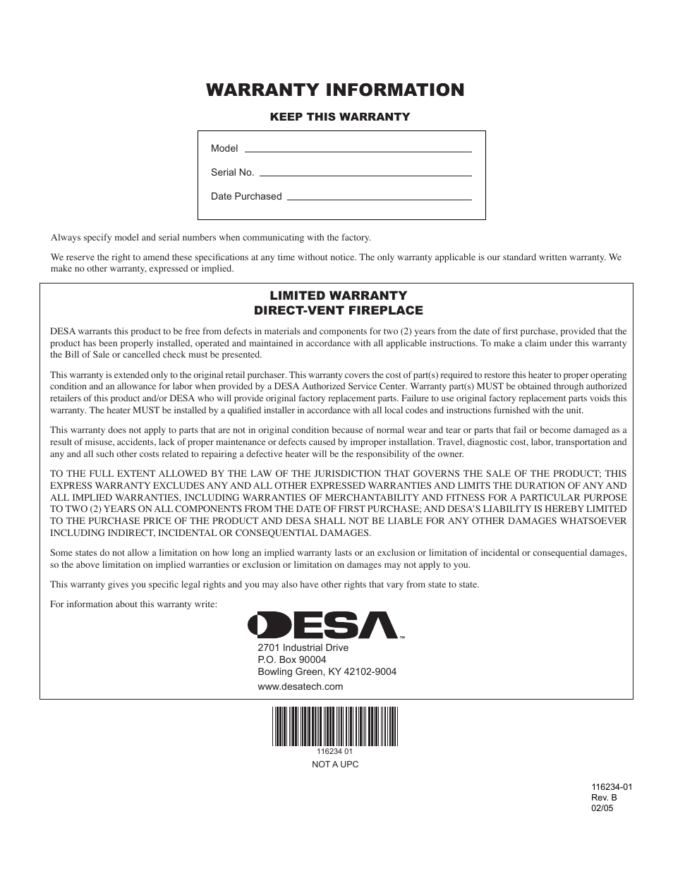 Warranty information | Desa (V)TC36NE User Manual | Page 38 / 38