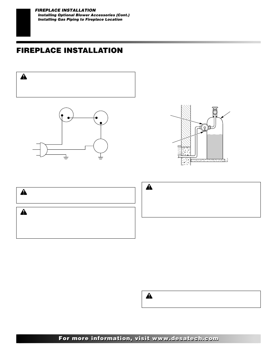 Fireplace installation, Continued, Installing gas piping to fireplace location | Desa (V)K42N User Manual | Page 18 / 40