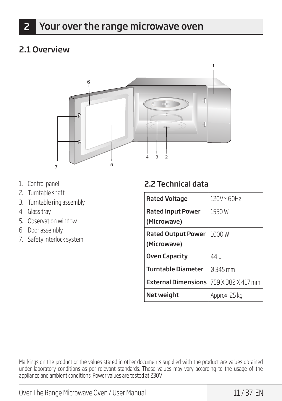 2your over the range microwave oven, 11 / 37 en, 1 overview | Over the range microwave oven / user manual, 2 technical data | Blomberg 30 Inch Over-the-Range Microwave Oven Owners Manual User Manual | Page 11 / 40