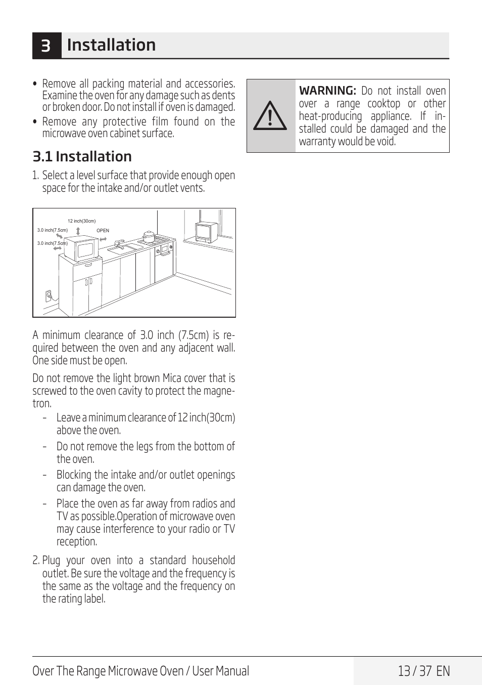 3installation, 13 / 37 en, 1 installation | Blomberg 30 Inch Over-the-Range Microwave Oven Owners Manual User Manual | Page 13 / 40