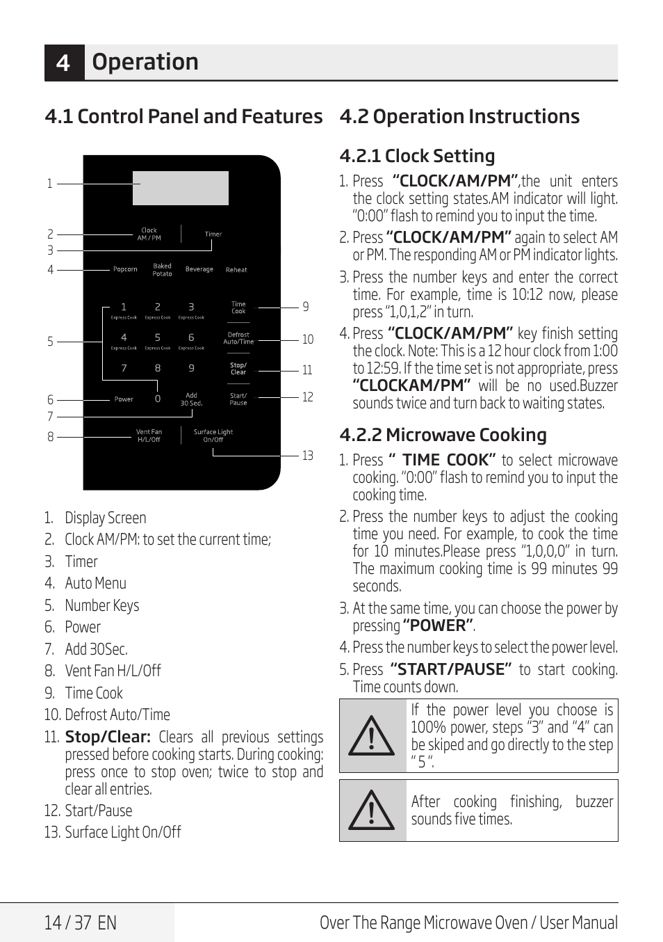 4operation, 14 / 37 en, 1 control panel and features | 2 operation instructions | Blomberg 30 Inch Over-the-Range Microwave Oven Owners Manual User Manual | Page 14 / 40